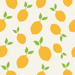 Seamless pattern of lemons and leaves. Citrus fruit pattern. Vector illustration cartoon flat style.