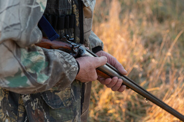 Mature hunter man holding a shotgun and walking through a field