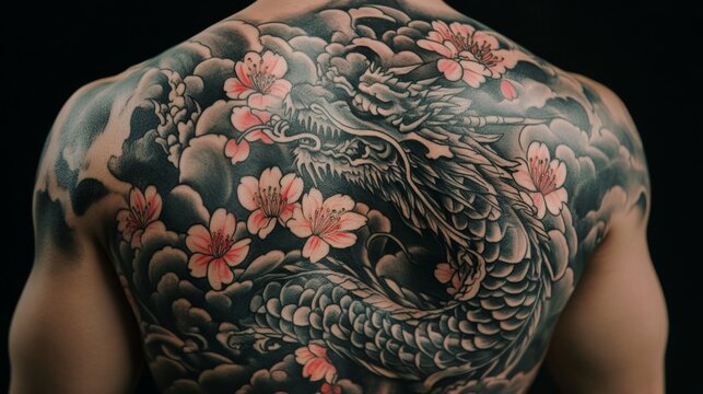 Intricate Dragon and Sakura Tattoo Design