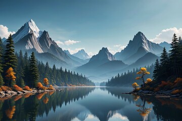 Fototapeta premium mountains and trees are reflected in a lake in the foreground