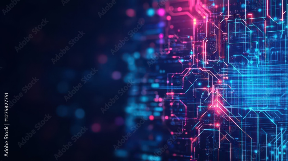 Poster Blue and pink circuit design with abstract circuit patterns in the background