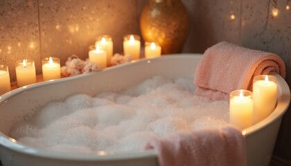 Relaxing bath with foam and candles. Pink towel near bath. Home spa experience. Self-care and wellness concept. Soft light. Luxury and comfort for time well-spent.