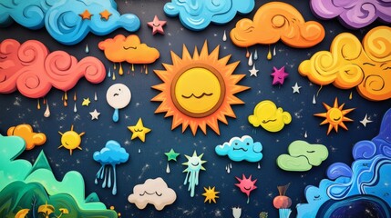 Fototapeta premium Colorful Abstract Wall Art with Sun and Whimsical Clouds Design