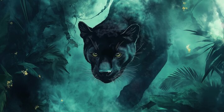 A majestic black panther with piercing green eyes emerges from the shadows of a dense, misty jungle, exuding power and mystery