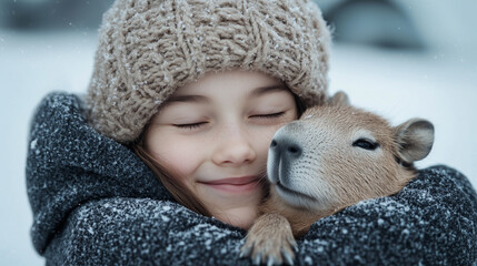 Joyful girl embracing a capybara in the snow, expressing warmth and affection against a serene winter background.