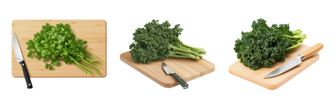 Fresh Herbs and Kale on Wooden Cutting Boards Isolated on transparent background