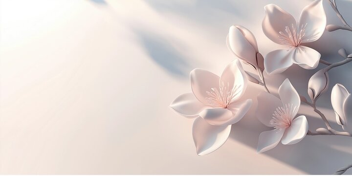 Elegant white magnolia flowers with soft shadows on a minimalistic pastel background, creating a serene and sophisticated composition