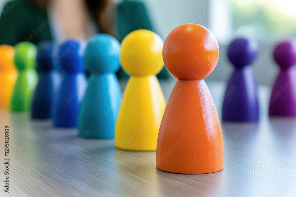 Poster colorful wooden figures arranged in a playful display on a white background