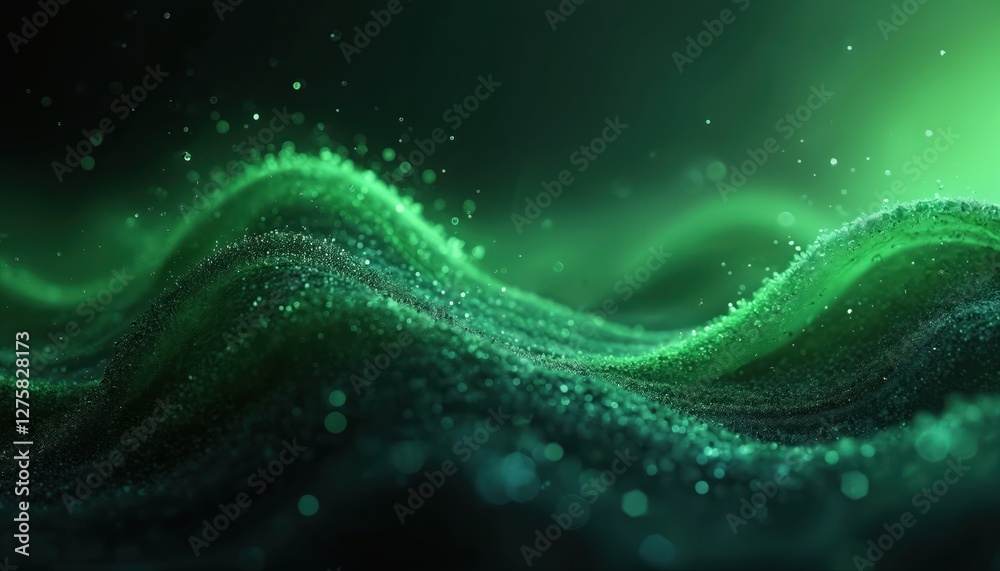 Aufkleber Hi-tech green background. Dark wavy geometric surface with light particles, depth. Futuristic gradient mesh with visual sparkle effect for corporate design, digital wallpaper.