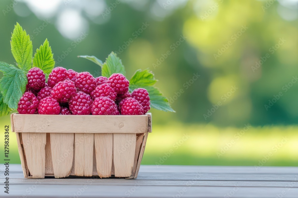 Poster wooden crate filled with fresh raspberries on a rustic wooden table background