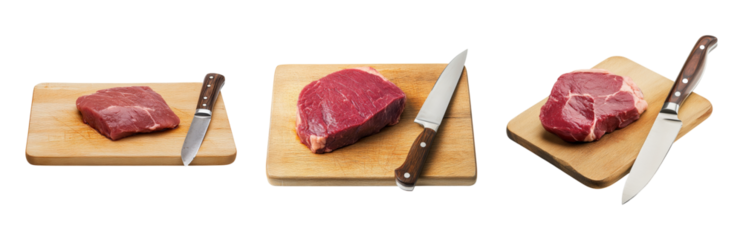 Fresh Cuts of Beef on Wooden Cutting Boards Isolated on transparent background