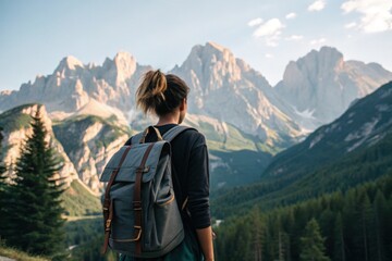 Traveler Admiring Mountain View at Sunset in Scenic Valley with Vibrant Colors and Serenity.