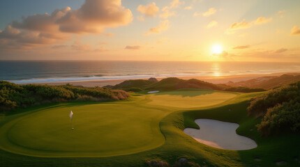 Golf courses near the sea coast at sunset