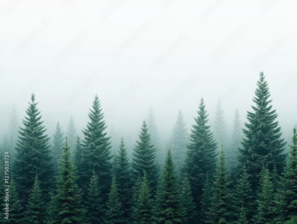 Poster dense fog covering a tranquil forest filled with tall trees and lush greenery in the early morning l