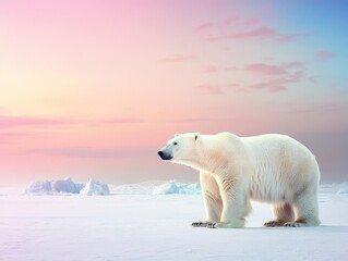 Fototapeta premium Polar bear walking across a snow covered field in a natural winter landscape