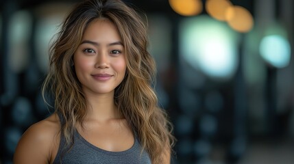 Fototapeta premium Young, Positive, Smiling, Cheerful woman training with dumbbells in gym. Woman in sportswear doing fitness exercise. Weight loss workout, Healthy lifestyle concept