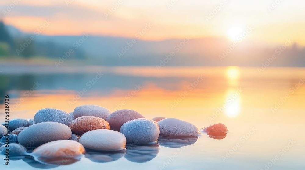 Poster a pile of smooth stones arranged artistically on the surface of tranquil water reflecting the sky