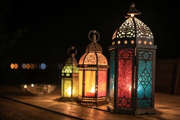 Obraz premium Vibrant Islamic Lanterns Lighting Up a Charming Outdoor Night Scene with a Magical Atmosphere