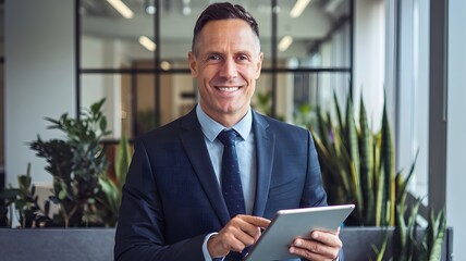 Fototapeta premium Smiling Businessman Using Digital Tablet Modern Office Professional Corporate Success Happy Entrepreneur Technology Executive Manager Workplace Confident Leader Smart Casual Attire Tie Suit Team Male 