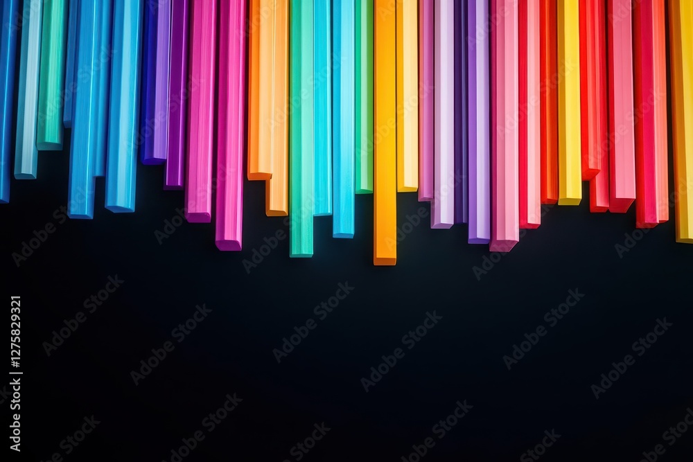 Poster Vibrant abstract rays of light radiating against a deep black background, creating a dynamic interplay of colors and shadows, evoking a sense of mystery and elegance