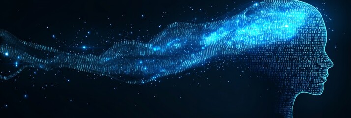 Glowing Blue Profile of a Head Formed by Circuit Paths and Binary Numbers on a Dark Background