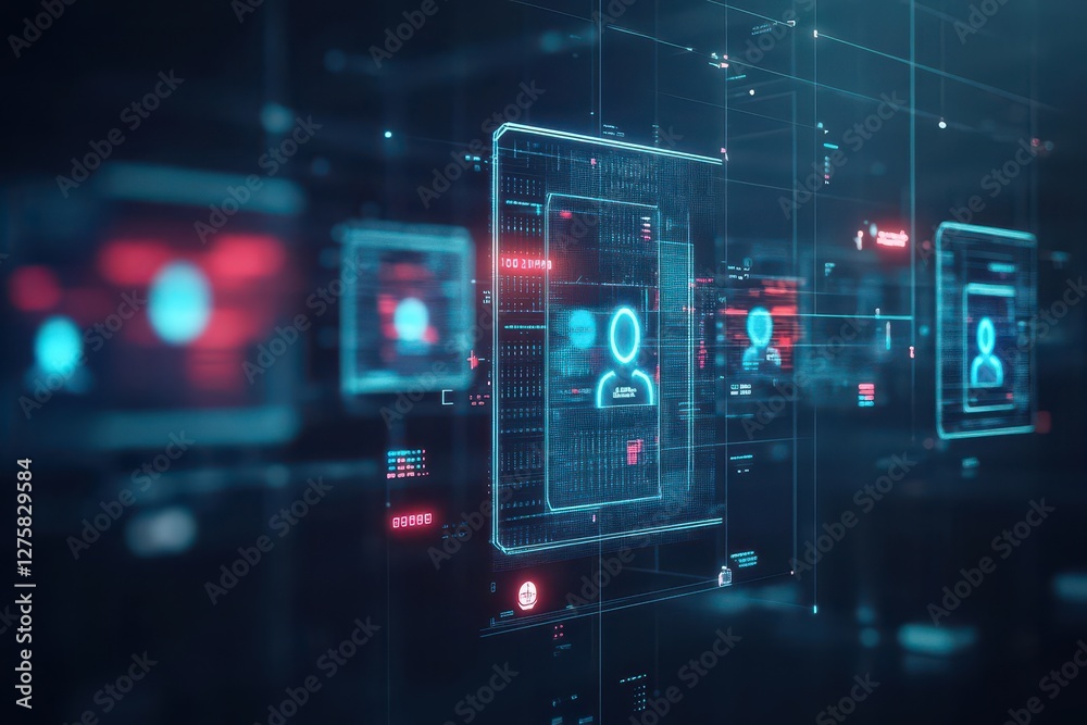 Aufkleber futuristic digital interface featuring glowing blue and red elements on a dark background
