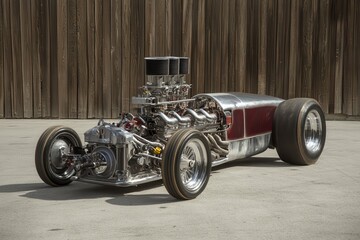 A custom-built engine for a drag racing car . A vintage race car showcasing a prominent engine, highlighting its classic design and powerful performance.