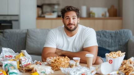 Lifestyle of a man enjoys a casual feast of junk food at home in a cozy dining space