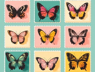 Fototapeta premium Butterfly stamp collection with pink yellow teal s