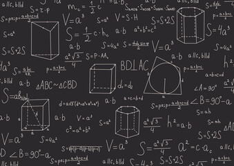 School-themed background with geometric formulas. Back to school, going to university. Exact science for technological design. Background with formulas. School blackboard with Geometry and algebra.
