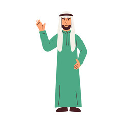 A man in traditional Middle Eastern attire offers a friendly wave