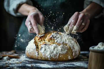 Rustic kitchen scene with golden-brown Irish soda bread on wooden board background with empty space for text