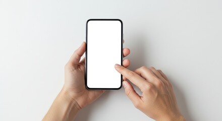 Hands touching black smartphone on white background Hands holding a smartphone, top-down view.  Hands and phone are a light beige/tan color palette.  Hyperrealistic rendering of hands and phone.