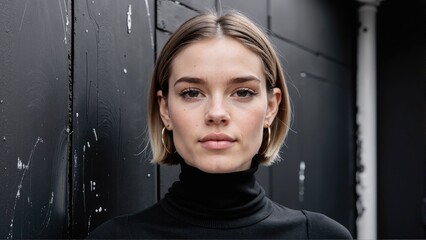 Portrait of a young beautiful woman with a bob haircut wearing a black turtleneck and gold hoop earrings against a dark background.