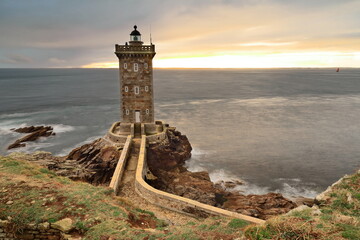 Phare de Kermorvan Lighthouse, 20.35 m high built in 1847-1849 at the homonymous peninsula tip across a granite bridge. Le Conquet-Brittany-France-298