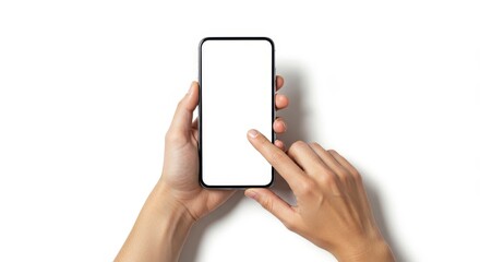Hands touching black smartphone on white background Hands holding a smartphone, top-down view.  Hands and phone are a light beige/tan color palette.  Hyperrealistic rendering of hands and phone.