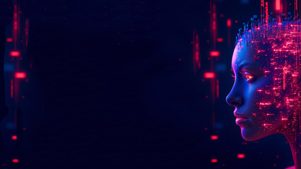 Futuristic female profile with digital circuit in blue and pink for AI technology concept with copy space