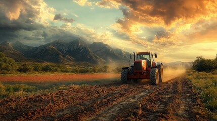 Fototapeta premium A tractor plows a field at sunset with mountains in the background and clouds in the sky creating a stunning image