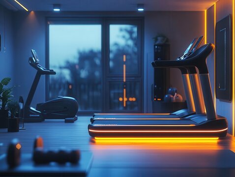 Home gym setup with glowing AR fitness tools, sleek modern design, soft lighting, photorealistic