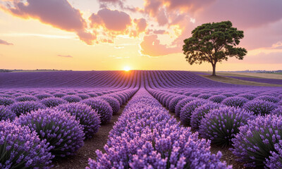 Obraz premium Lavender field rows leading to solitary tree, soft purple hues, sunset glow, vanishing point perspective