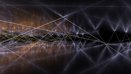 Gold and white laser beams with reflections. Overlay background wallpaper. Stylish fashion backdrop.