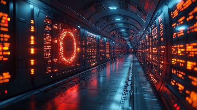 Futuristic corridor with glowing red lights and intricate designs creating a high-tech atmosphere