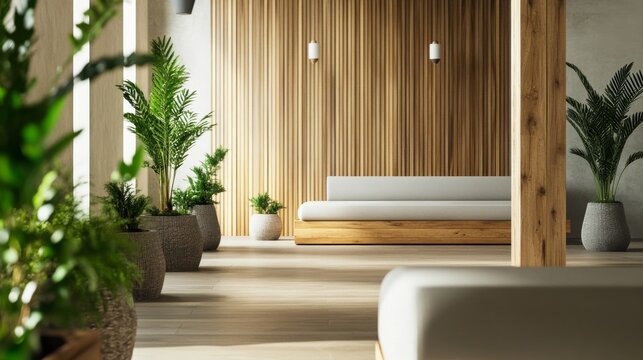 Shoulder stretch in a modern wellness center with wooden decor. Featuring vitality and calmness