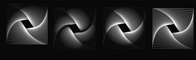 Abstract spiral patterns, black and white, geometric shapes, optical illusion, rotating symmetry, dynamic movement, concentric curves, hypnotic design, monochromatic art, minimalist composition,
