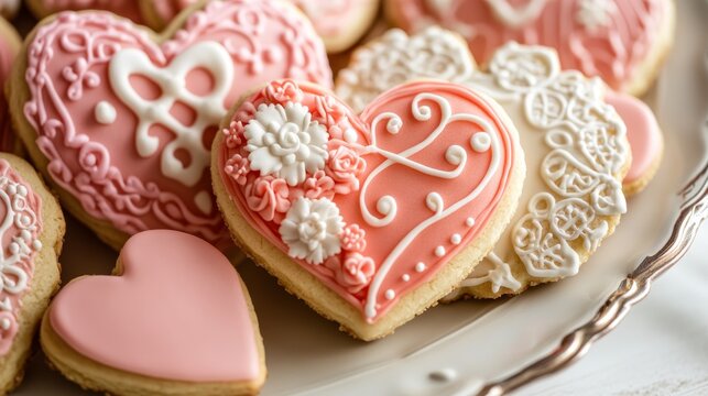 Heart-shaped valentine's cookies with intricate icing designs on a decorative plate
