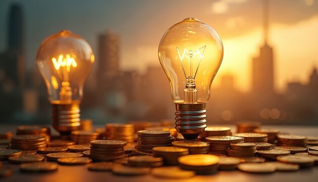 Glowing light bulbs on scattered coins, city skyline at sunset background. Concept of electricity price, cost of living, green energy, power consumption, bright ideas. Innovation.