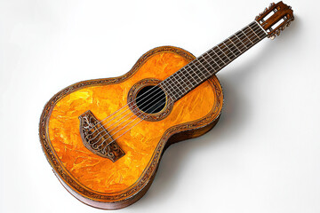 Fototapeta premium Baroque guitar with intricate carvings and vibrant watercolor design on white background isolated design