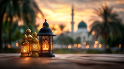 Fototapeta premium mosque interior with soft, glowing lanterns hanging.