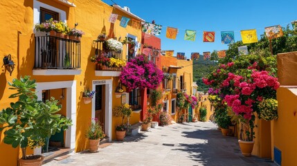 Fototapeta premium Street decorated with bright Mexican flags and flowers during festival.
