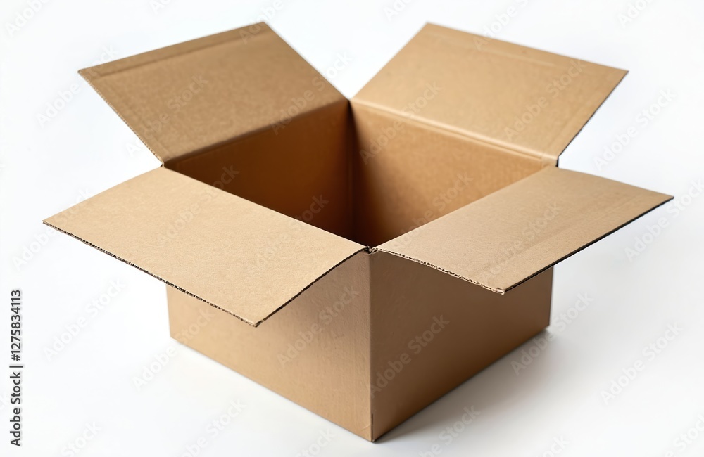 Poster open empty corrugated cardboard box on white background. brown paper container for product delivery,
